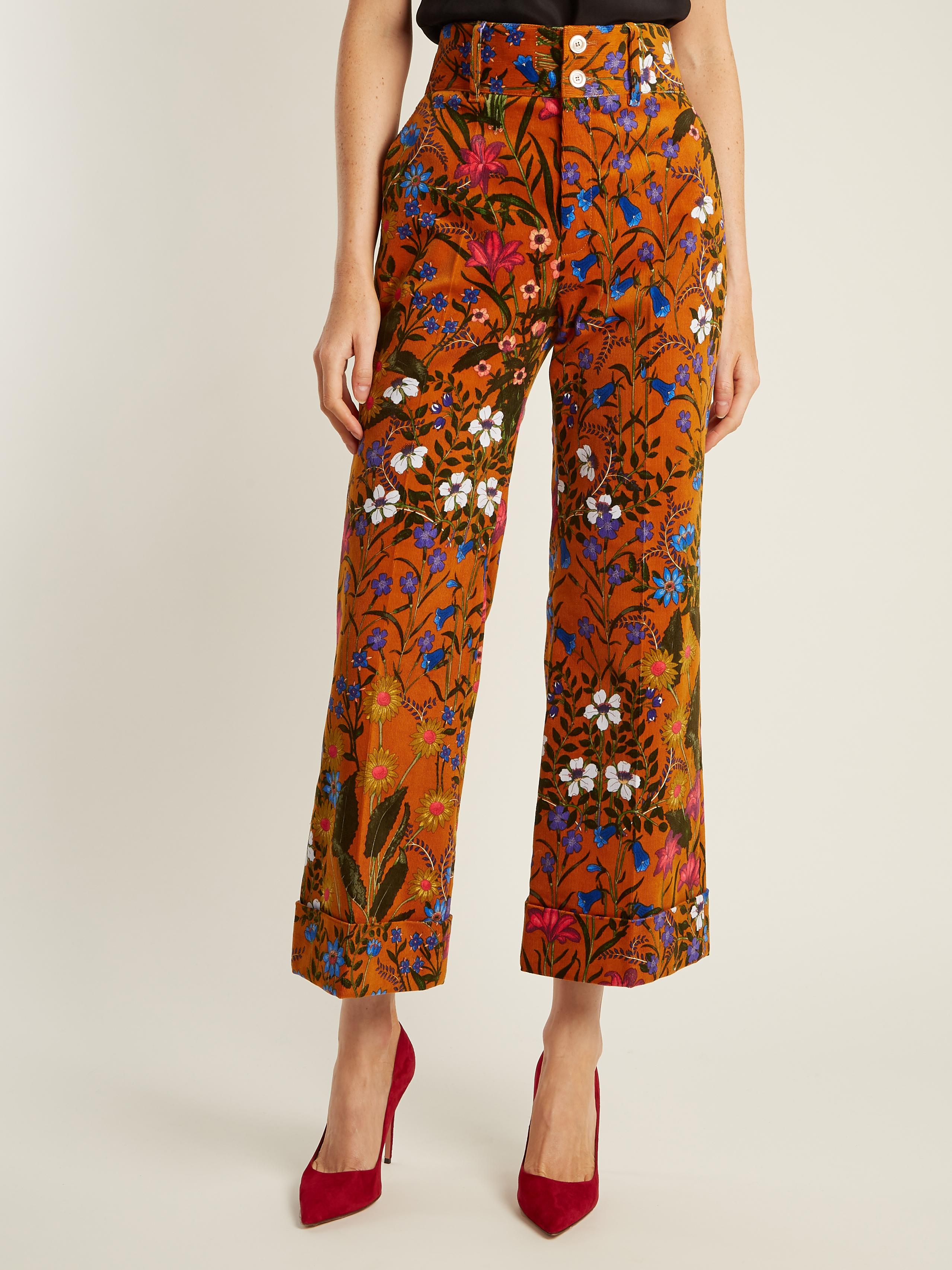 Gucci Floral-print Wide-leg Corduroy Cropped Trousers in Brown | Lyst